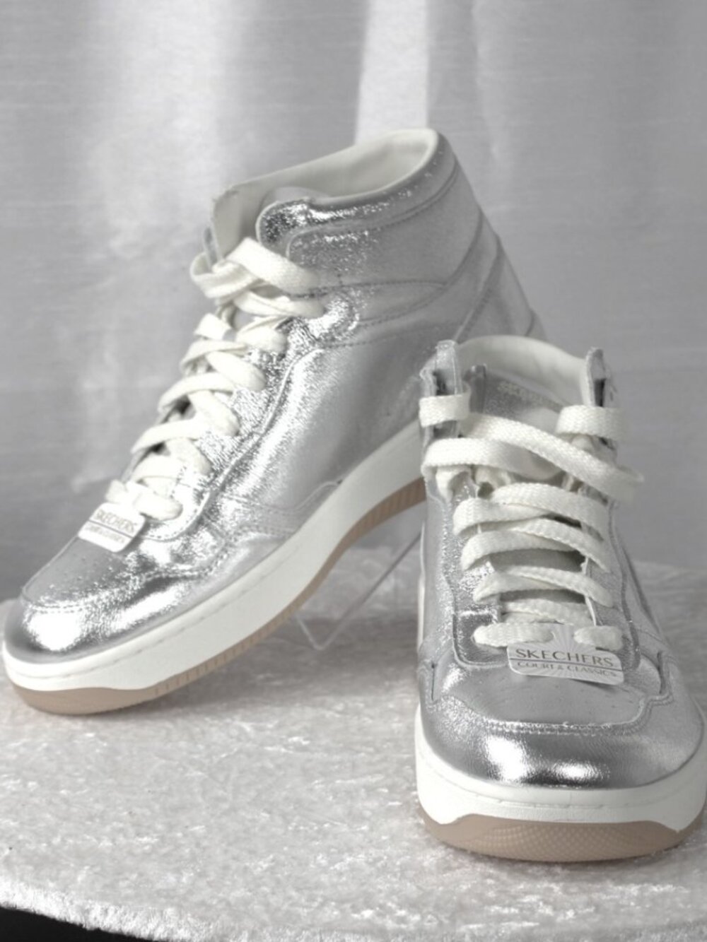 Skechers Court & Classics Metallic Silver High Top Sneakers Size 7.5 NWOT Memory
